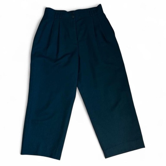 Vintage Pants - Vintage High Rise Pleated Dark Green Wool Pants Size 14P (see measurements)